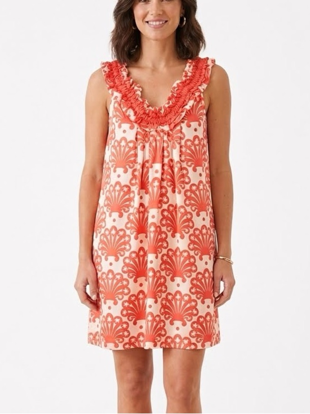 Milly Of New York Vintage Silk Fan Print Orange Ivory Ruffle Shift Dress Sz 8
